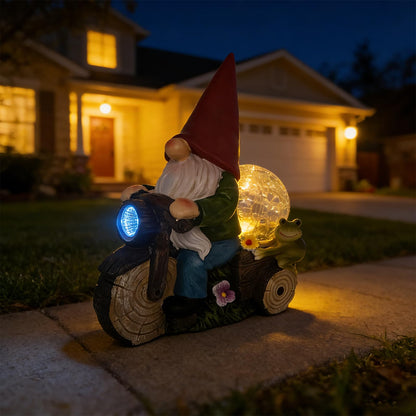 SAMPU Craft Solar Powered Garden Gnome on Motorcycle with Frog and Crackle Glass Globe, Outdoor LED Light Decor for Patio, Lawn, Yard, and Garden (Red)