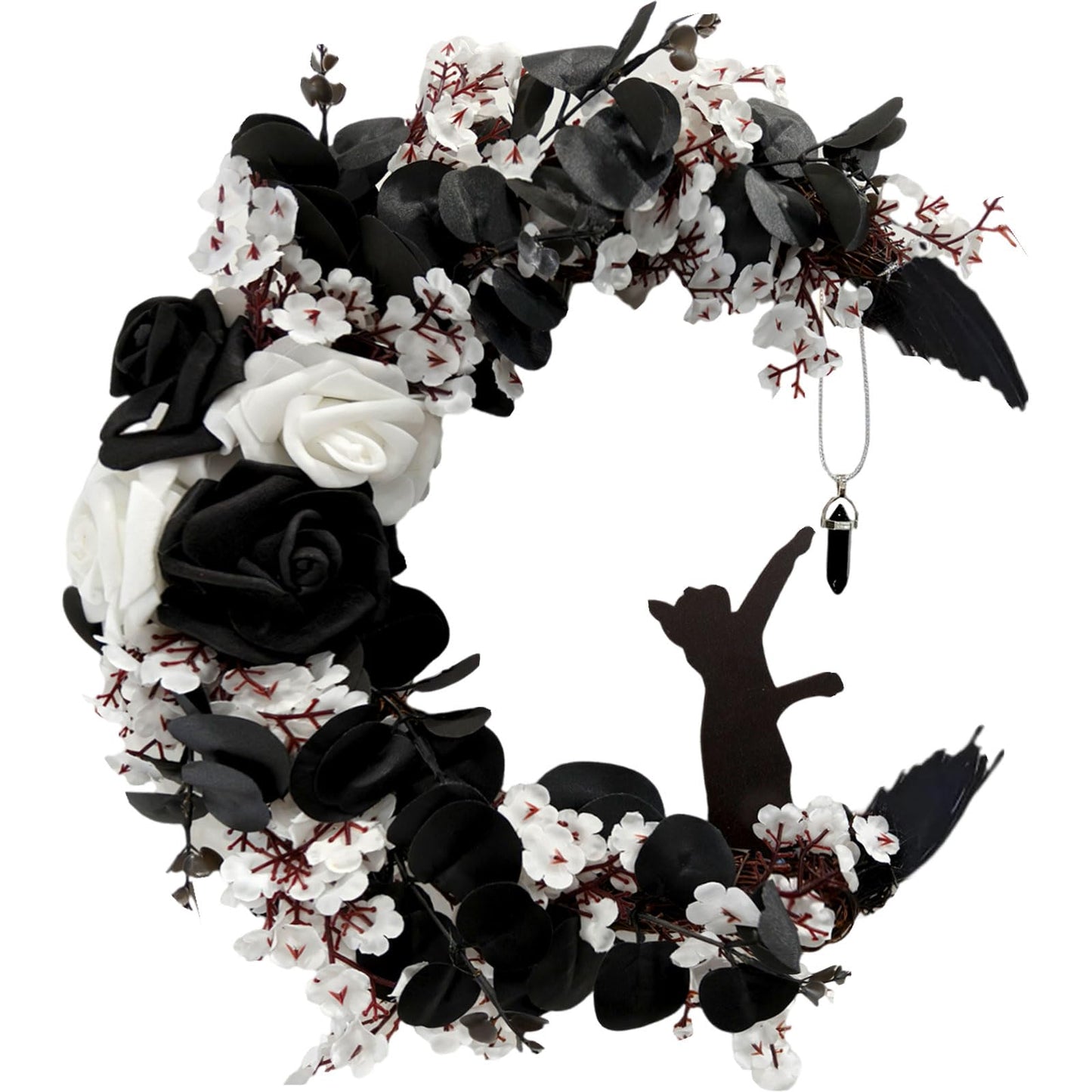Halloween Wreath Moon Cat Black White Wreath Halloween Decor 13.7in×9.8in