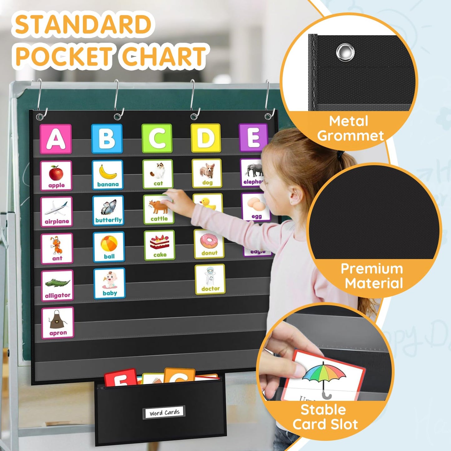 Standard Pocket Chart for Classroom 28"x28" Large 7 Pocket Charts with Card Storage Bag Sentence Strip Holder for Word Wall, Sight Words, Cards, Calendar, Daily Visual Schedule (Black)