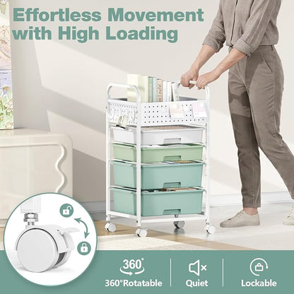 4 Drawer Rolling Storage Cart with Pegboard Top and Hooks, Mobile Organizer Cart with Wheels for Office Supplies, Craft Storage, Classroom Organization, Home Utility Cart, Gradient Green