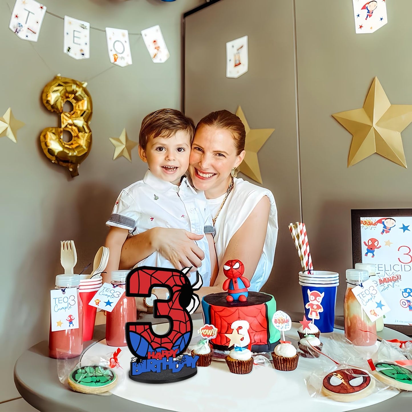 Spider Theme 3th Birthday Decoration – Wooden Number 3 Table Sign for Party, Spider Web Design Centerpiece for Birthday, Halloween Party, or Photo Shoot