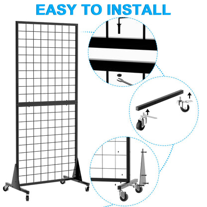 QKOSMTL 2-Pack Gridwall Panel Display Stand, 2'x5.5' Heavy Duty Floor Standing Rack with Detachable Girdwall, Movable Silent Wheel, Easy to Transport, Ideal for Retail & Craft Fairs