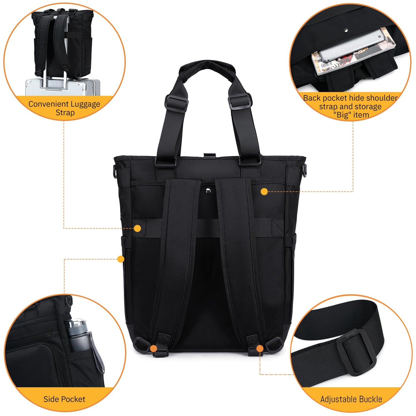 3 in 1 Convertible Backpack, Japanese Minimalist Tote Crossbody Bag, Adjustable Underarm Strap, Anti-Theft, Water Resistant Daypack Fits 15.6 Laptop for Office, Graduate Study, Travel & Casual, Black