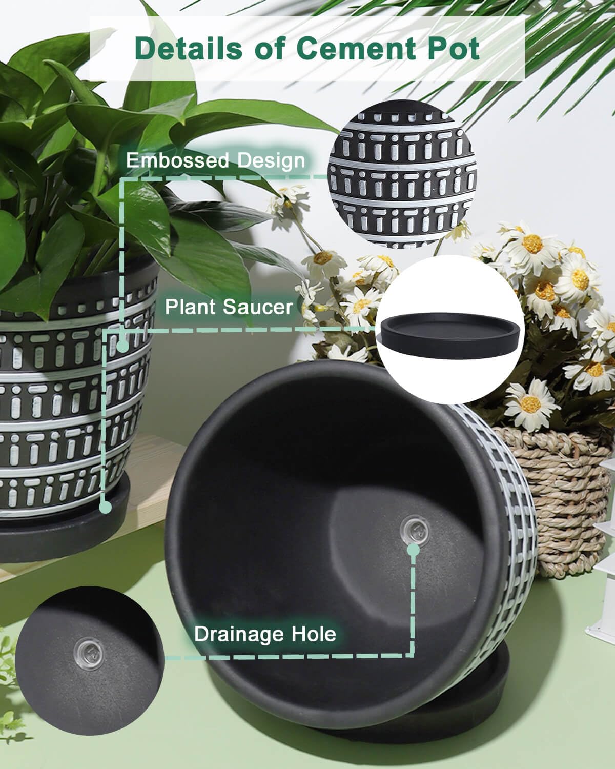 vensovo 5.8 Inch Boho Plant Pots Indoor - Artisanal Succulent Pots with Drainage Holes and Saucer, Cement Pots for Indoor Plants, Flower Pot with Rubber Pot Feet, Set of 2, White Lines and Black