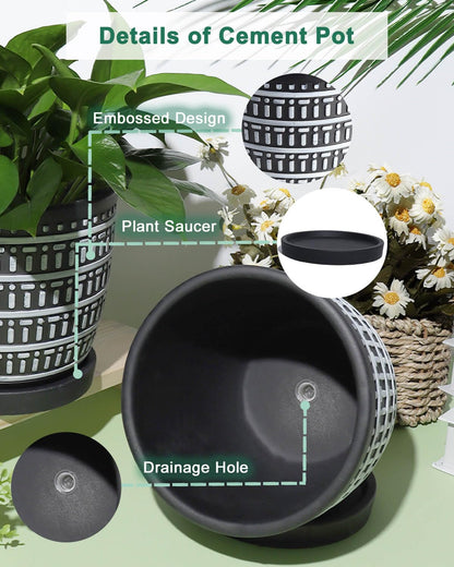 vensovo 5.8 Inch Boho Plant Pots Indoor - Artisanal Succulent Pots with Drainage Holes and Saucer, Cement Pots for Indoor Plants, Flower Pot with Rubber Pot Feet, Set of 2, White Lines and Black