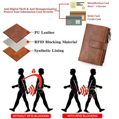 GOIACII Womens Wallets RFID Blocking Leather Trifold Clutch Wallet Credit Card Holder Ladies Purse 3 ID Windows Brown