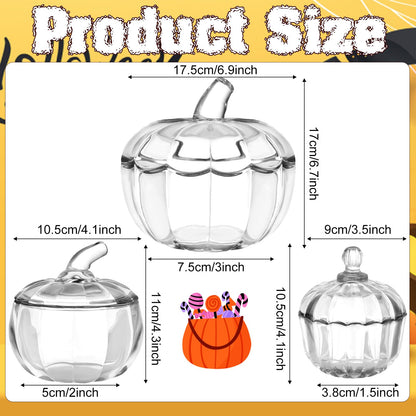 3 Pcs Halloween Pumpkin Candy Jar with Lids Glass Candy Bowl Cute Clear Cookie Storage Jar Crystal Candy Dish Office Desk Decorative Jars for Halloween Party Decoration Home Holiday Supplies Gift