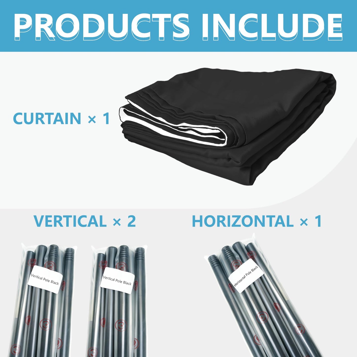 JILRON No-Drill Room Divider Curtain Set: Includes 106" W x 84" L Black Curtain & Adjustable Pole Brackets (35-100" W x 43-120" H Adjustable Range)