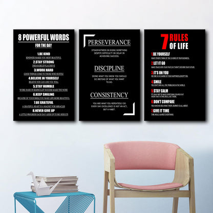 YSPCSUN Triptych Wall Decor Inspirational Posters for Office, Black White Perseverance Discipline Consistency 3 Panel Canvas Prints for Home Office Dorm, 48x24 Inch Display