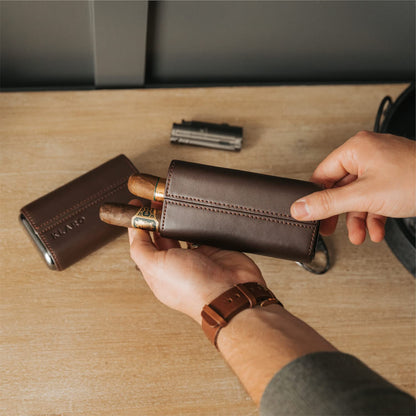 CASE ELEGANCE Premium 3 Cigar Protective Travel Case, Genuine Real Top Grain Brown Leather, Cedar Lined with Gold Metal End Caps, Gift Ready Packaging, Portable Travel Box