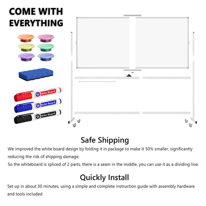 Large Rolling Whiteboard on Wheels, 72" x 36" Double-Sided Mobile White Board with Stand, 6' x 3' Portable Standing Magnetic Dry Erase Board Easel for Home Office Classroom School, Silver