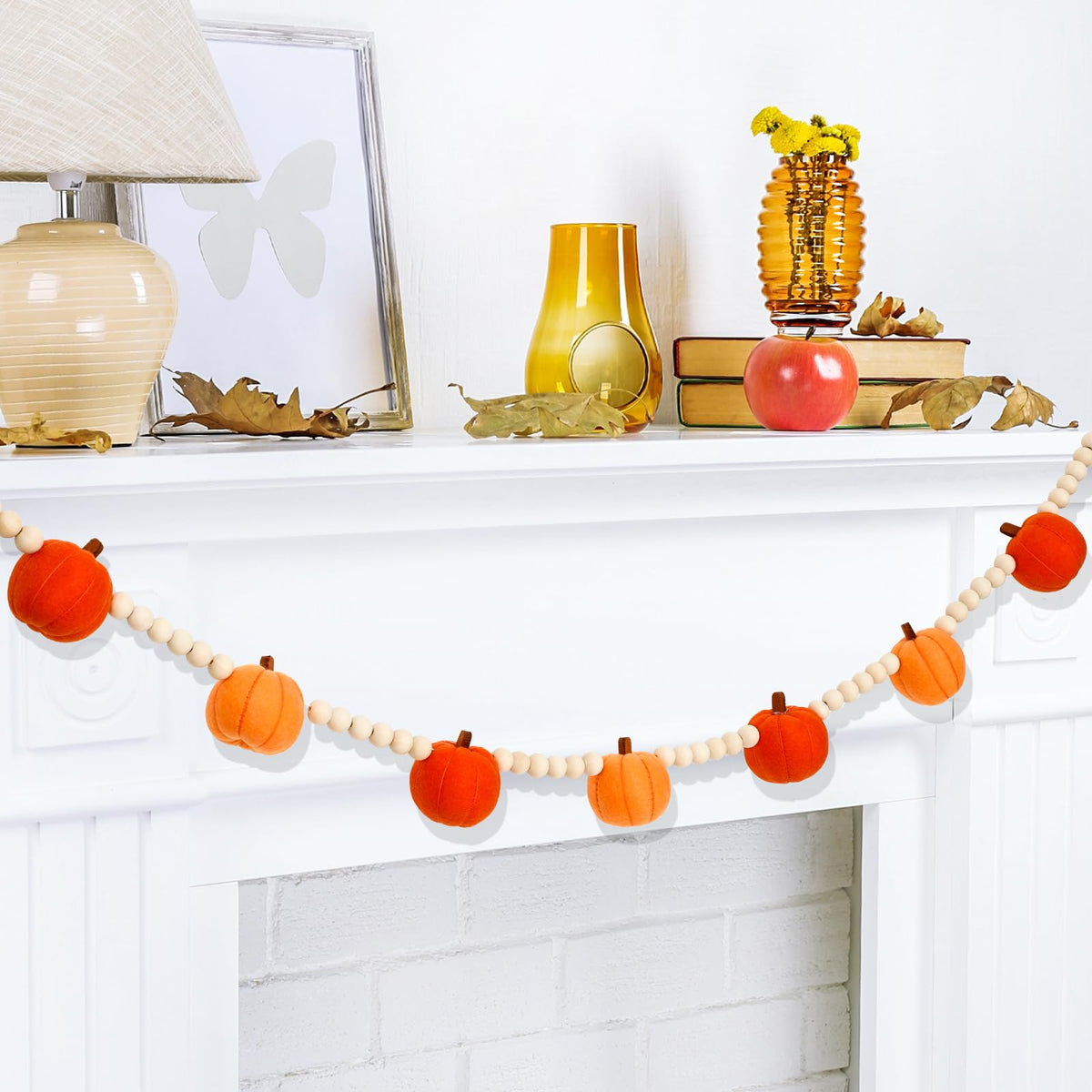 JarThenaAMCS Fall Felt Pumpkin Garland 8.2FT Wood Bead Garland with 3D Pumpkin Autumn Hanging Banner for Thanksgiving Home Wall Fireplace Decor