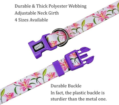 Dog Collar Leash Set, Floral Pattern, Polyester Material, Adjustable Collar and 5ft Matchcing Leash, for Medium Dogs.(M, Purple Lily)