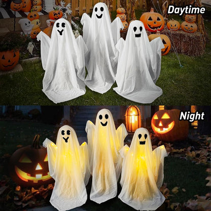 3 Pack Halloween Ghosts Decorations Outdoor,White Cloth Ghosts Stakes with Incandescent Light, Holiday Party Home Haunted House Yard Art, Front Yard Patio Lawn Garden Decor