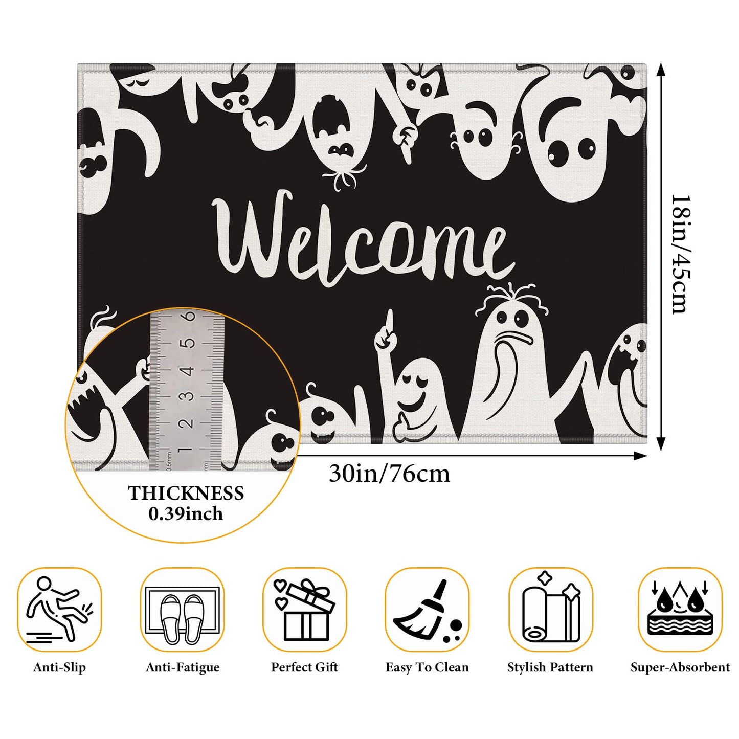 COSHARKLY Halloween Funny Ghost Indoor/Outdoor Door Mat, Black, 17x29.5 Inch, Machine Made, Low Pile, Water Repellent, Spot Clean Only
