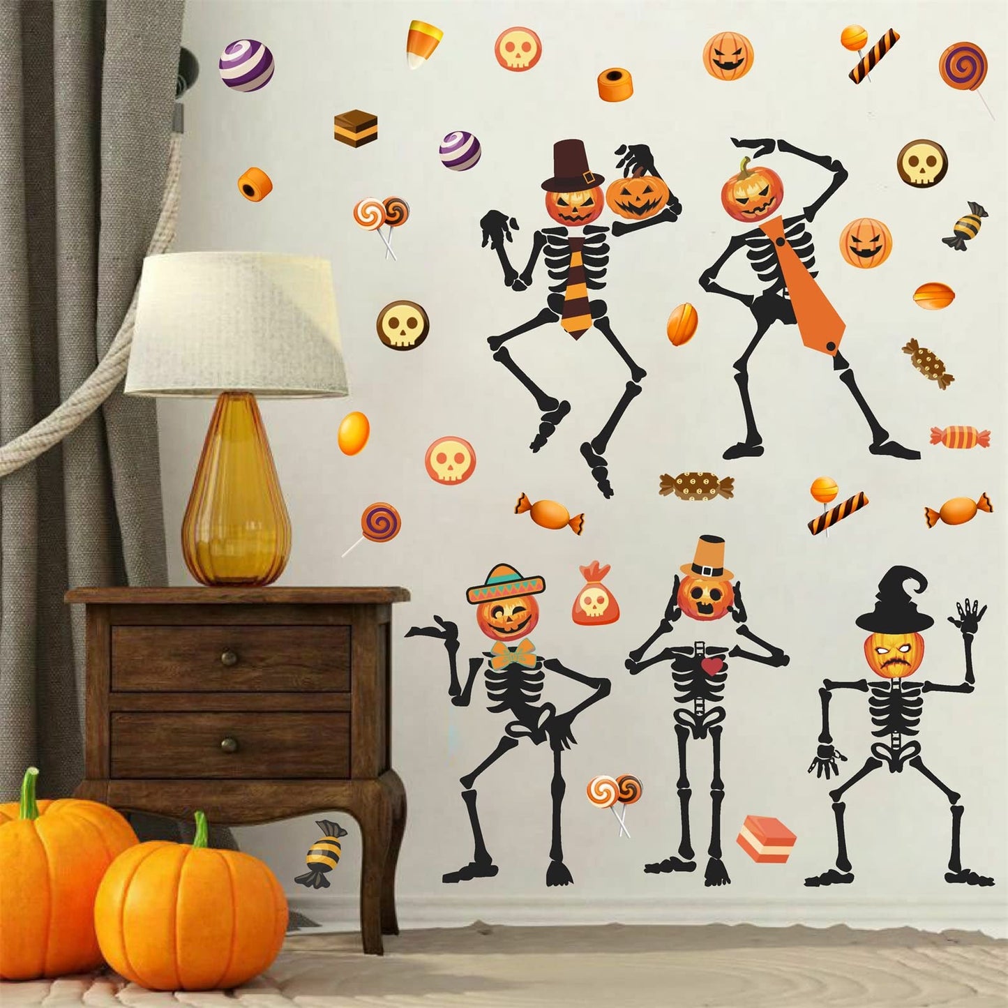 Halloween Skull Wall Decal Halloween Wall Stickers Skeleton Ghosts Pumpkin Candy Wall Decals Gothic Funny Halloween Window Clings Peel and Stick for Kids Bedroom Living Room Window Halloween Party Decor