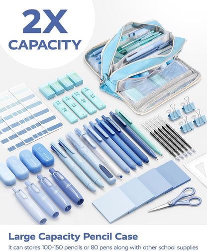 Four Candies Blue Pencil Case 3 Compartment Pouch, Large Pencil Pouch for School, Girls, Teen Boys, Women, Blue, Removable Handle & Zipper, Cute Pencil Bag for Office, College