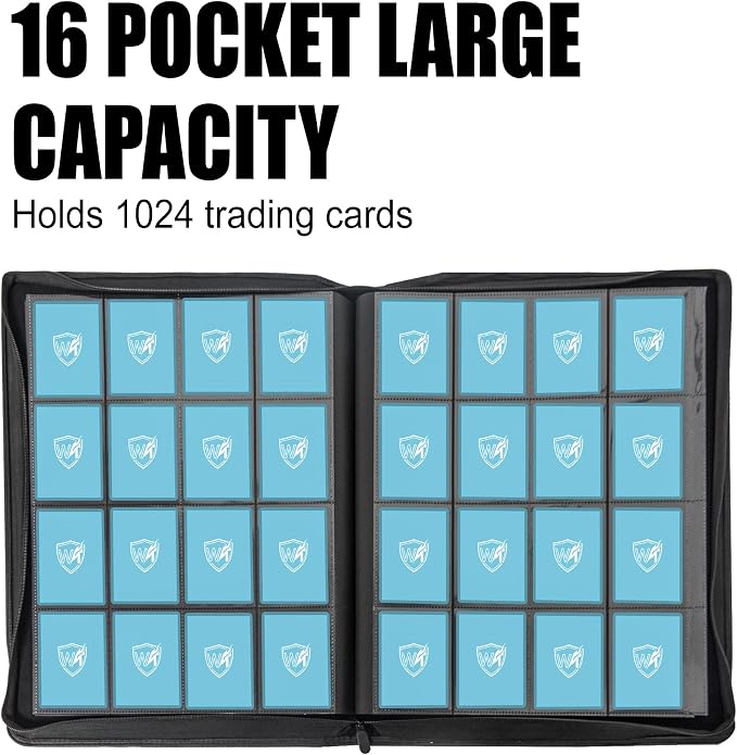 Card Binder for Trading Cards,16 Pocket with 32 Sleeves up to 1024 Cards, Waterproof Card Storage Book with Sleeves, Fits Baseball Football Basketball Sports Cards