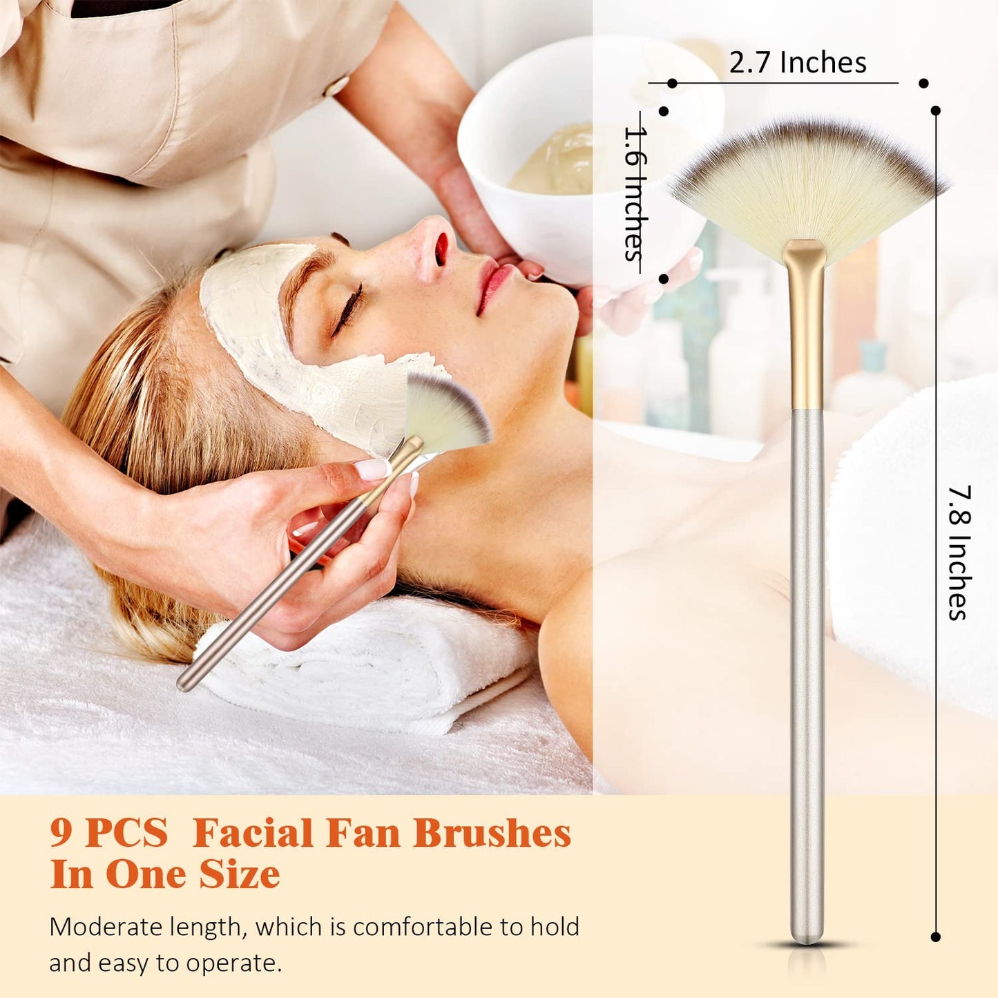 9 Pieces Facial Fan Mask Brushes, Soft Facial Applicator Brushes Tools for Peel Glycolic Makeup for Mud Cream(Champagne)
