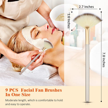9 Pieces Facial Fan Mask Brushes, Soft Facial Applicator Brushes Tools for Peel Glycolic Makeup for Mud Cream(Champagne)