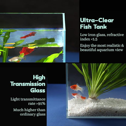 LAQUAL 10 Gallon Ultra Clear Glass Fish Tank, Rimless Low Iron Aquarium for Betta/Nano/Goldfish/Snail/Shrimp, Big Fish Tank & Cover Set & Feeding Ring & Cleaning Tools
