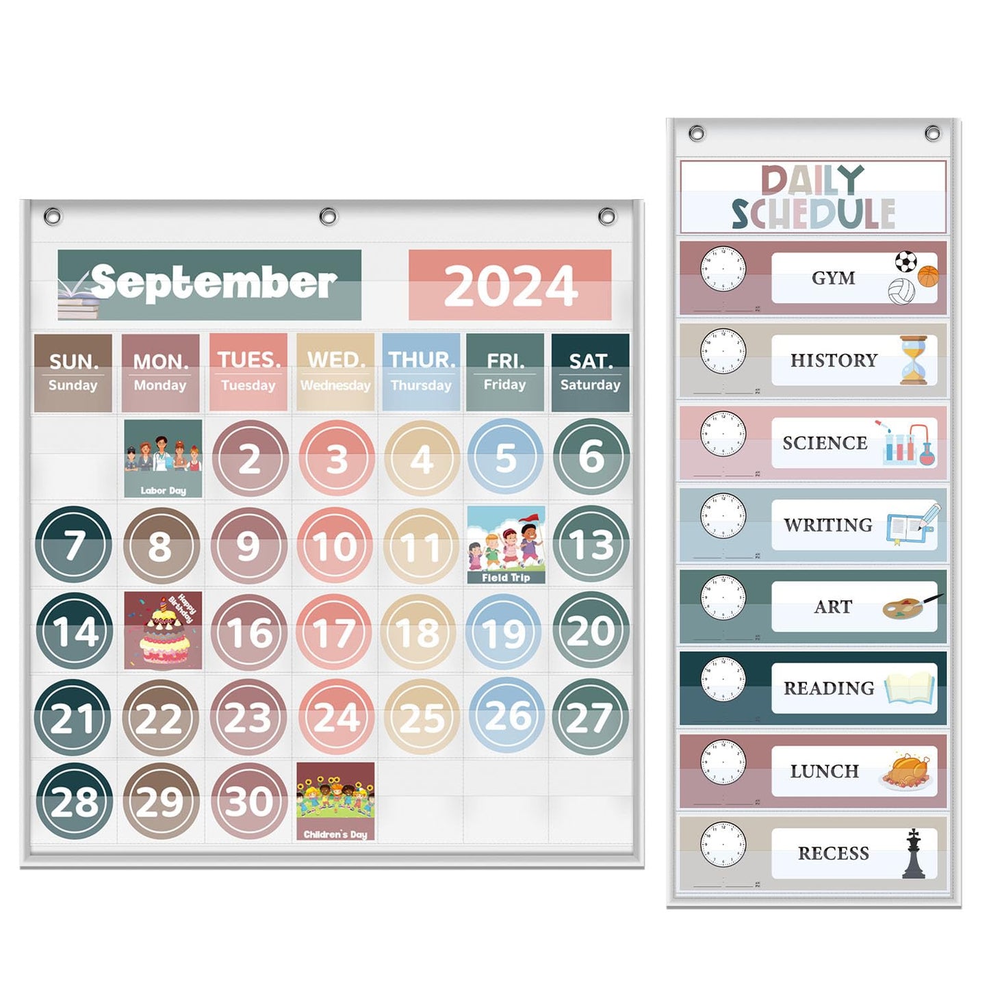 Monthly Calendar Pocket Chart for Classroom, Printed Days of The Week with Cards, Learning for Home or Kindergarten, Teacher Must Have Supplies That Fits Any School Décor (White Calendar+Daily Schedule)