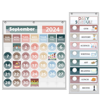 Monthly Calendar Pocket Chart for Classroom, Printed Days of The Week with Cards, Learning for Home or Kindergarten, Teacher Must Have Supplies That Fits Any School Décor (White Calendar+Daily Schedule)