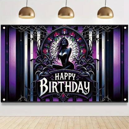 Tomhong Gothic Birthday Banner 71x43 Inch Purple Spider Web Stained Glass Halloween Theme for Gothic Party Decor Wall Hanging