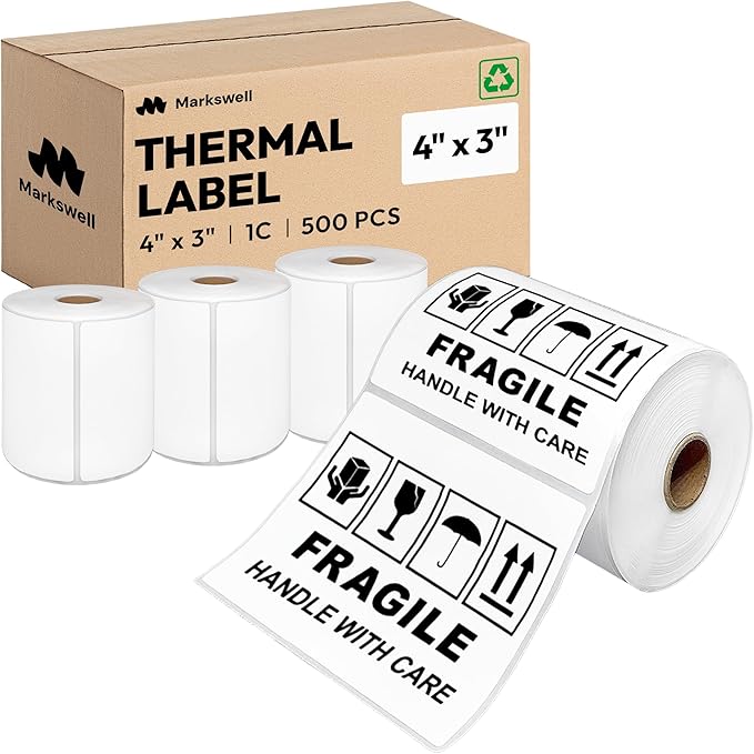 4x3 Direct Thermal Label, Barcode Address Mailing Name Shipping Labels, Perforated Thermal Stickers, Multipurpose, Commercial Grade for Thermal Printer, Strong Adhesive, 500/Roll, 4 Rolls