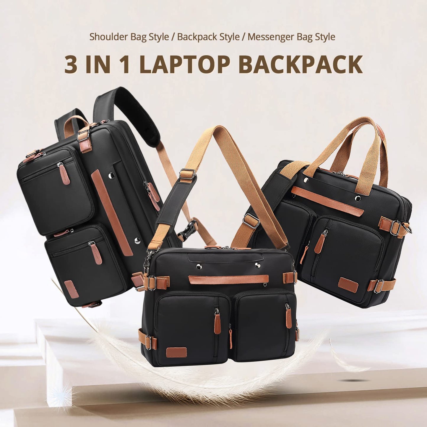 MOLNIA 15.6 inch Laptop Backpack for Men Women,3 in 1 Briefcases For Men,Messenger Bag Laotop Bag Computer Bags For Work College Travel, Black