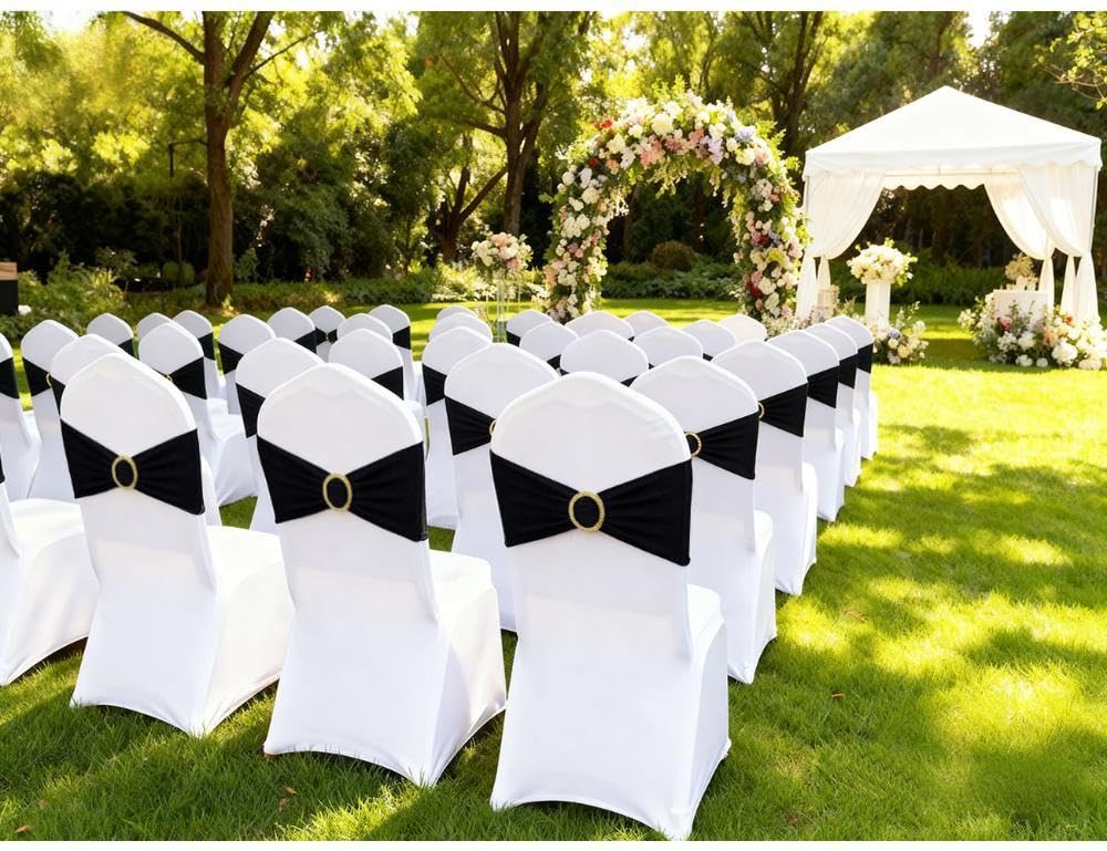 MAGTOWNE Black Chair Sashes 50 Pack with Gold Buckle Slider, Spandex Sashes for Folding Chairs Wedding Party Banquet Décor