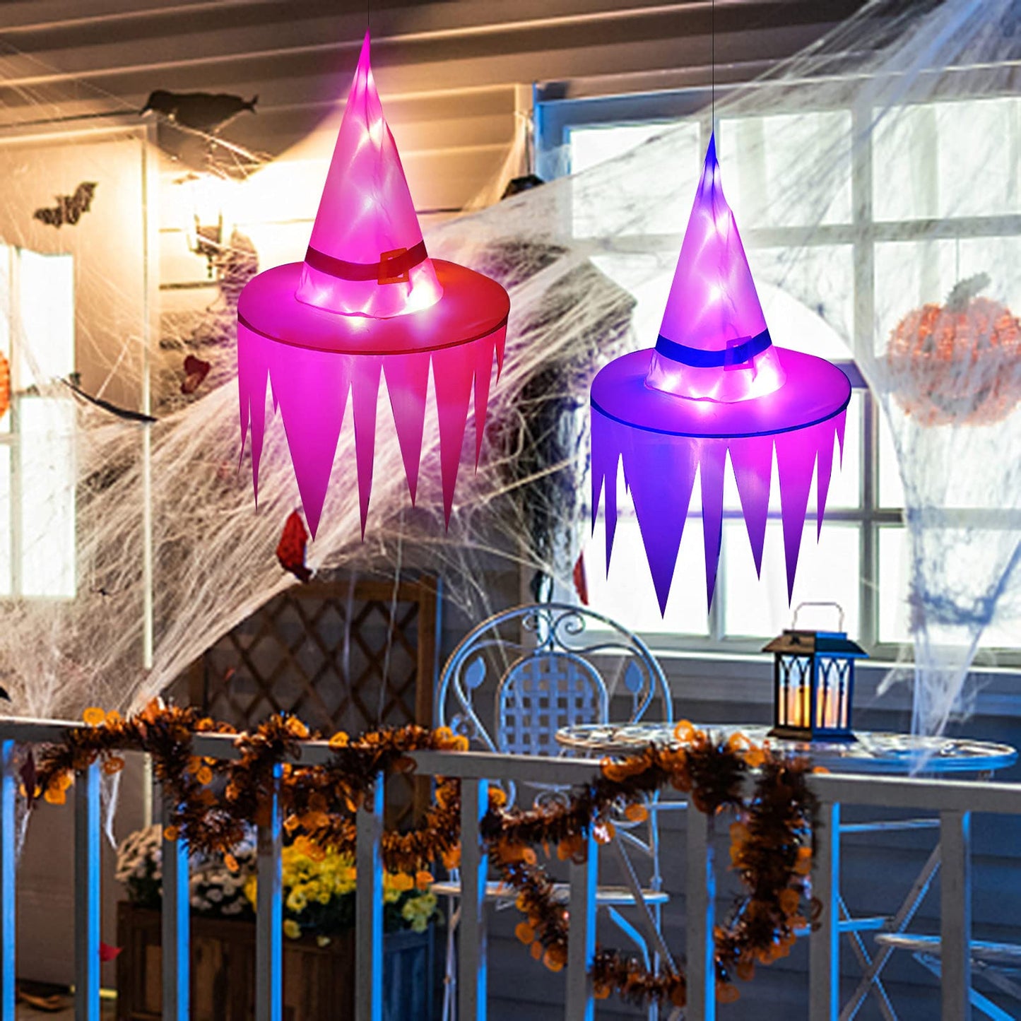 2PCS Hanging Witch Hats with Lights Halloween Decorations Outdoor Indoor Floating Witch Hat Waterproof Halloween Light up Witches Hat for Porch Yard Patio Garden Tree Home Party Supplies, Orange