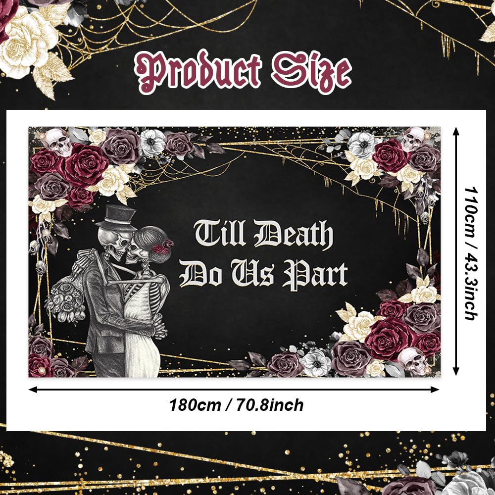 AIBIIN Halloween Till Death Do Us Part Backdrop Spooky Skull Gothic Wedding Photography Background Bridal Shower Bride and Groom Mr and Mrs Anniversary Party Decorations Banner 70.8 x 43.3 inch