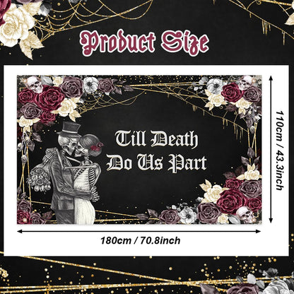 AIBIIN Halloween Till Death Do Us Part Backdrop Spooky Skull Gothic Wedding Photography Background Bridal Shower Bride and Groom Mr and Mrs Anniversary Party Decorations Banner 70.8 x 43.3 inch
