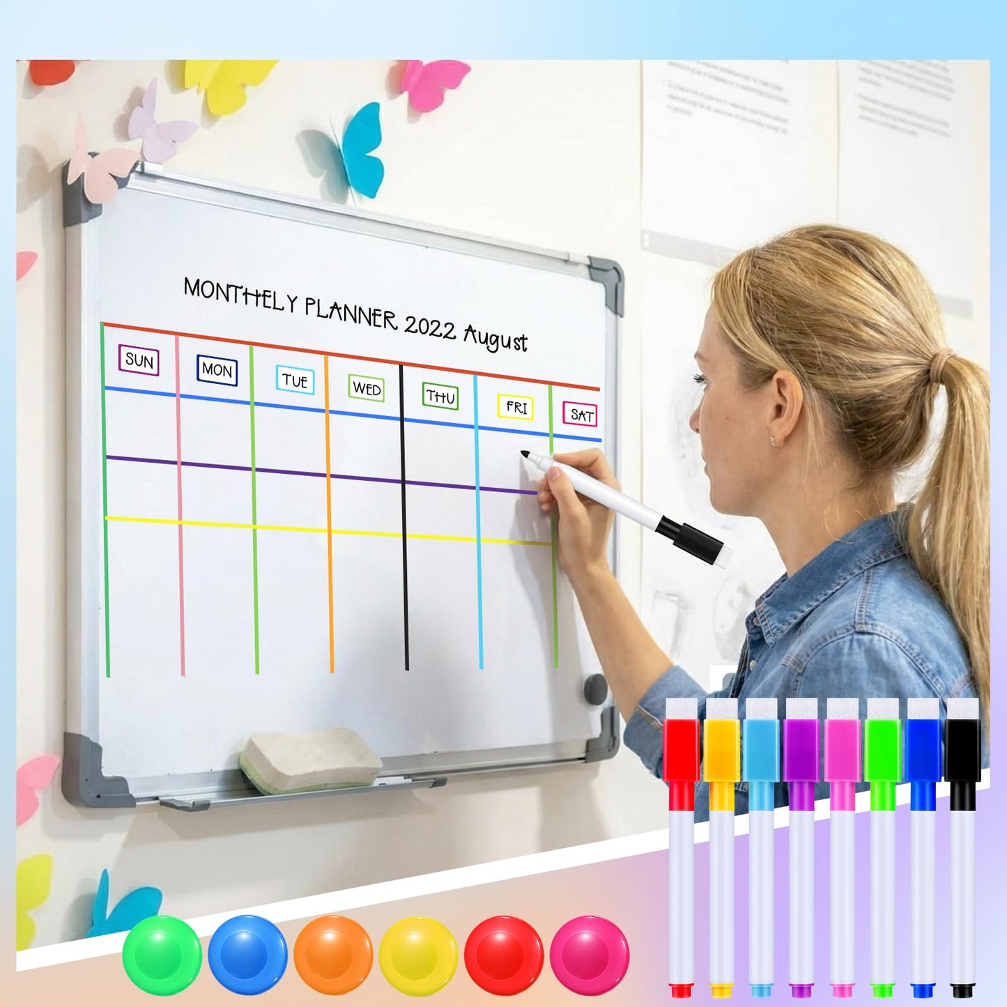Meanplan 176 Pcs White Board Accessories Set 144 Magnetic Dry Erase Labels 12 Rolls Thin Whiteboard Tape 8 Magnetic Fine Tip Dry Erase Markers 12 Round Planning Buttons for Office Home (Various Sizes)