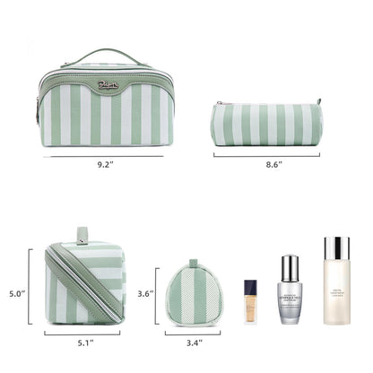 BOYATU Travel Makeup Bag Cosmetic Bag for Women: 3 Pcs Set Striped Make up Bag with Compartments - Waterproof Vegan Leather Toiletry Bag with Handle - Makeup Organizer for Travel Essentials(A-2-Green)