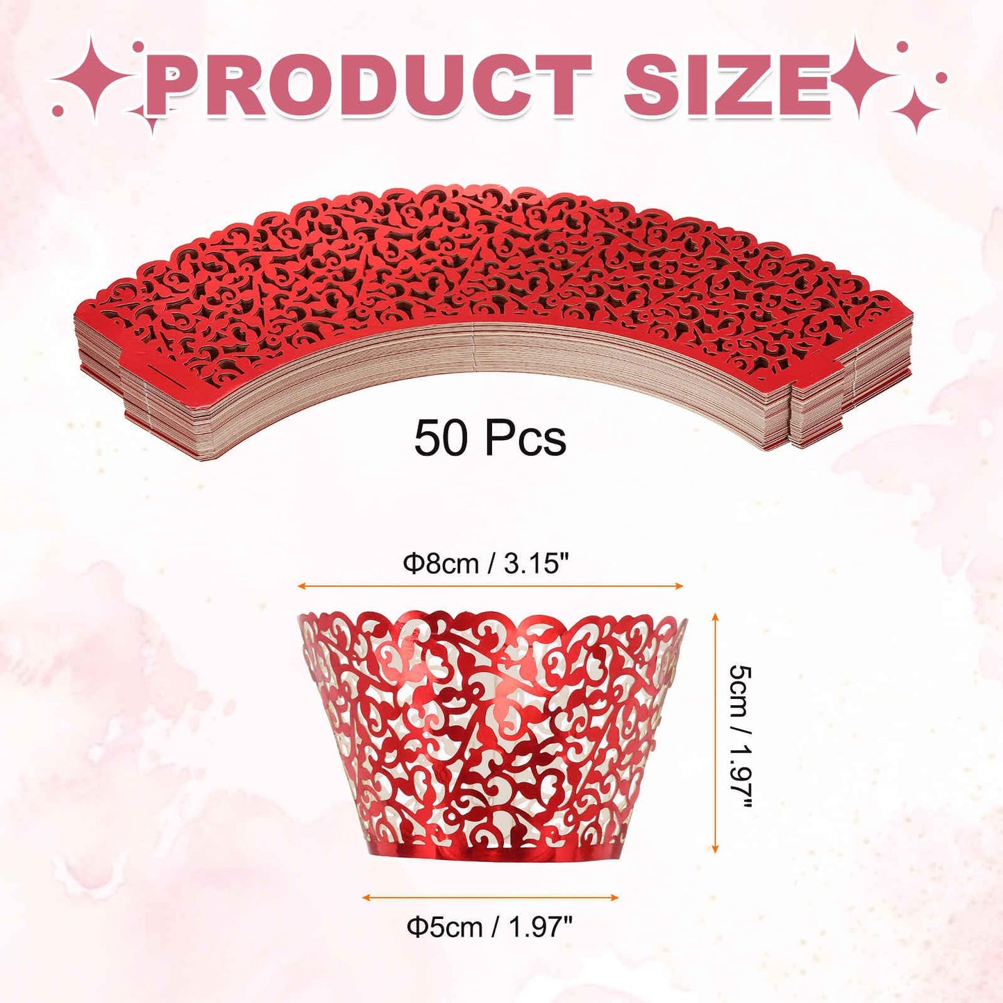 HARFINGTON 50 Pcs Lace Cupcake Liners Standard Vine Designed Hollow Out Cupcake Wraps Artistic Bake Cake Paper Cups for Anniversary Birthday Weddings Parties, Reflective Dark Red
