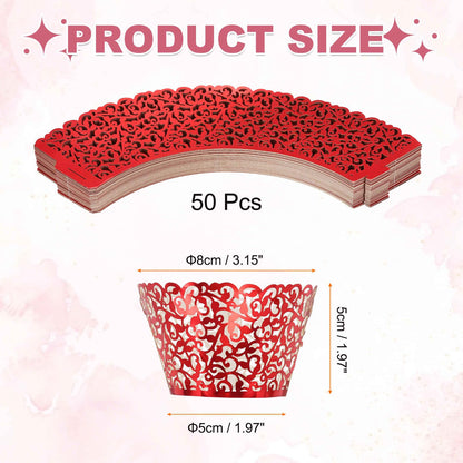 HARFINGTON 50 Pcs Lace Cupcake Liners Standard Vine Designed Hollow Out Cupcake Wraps Artistic Bake Cake Paper Cups for Anniversary Birthday Weddings Parties, Reflective Dark Red