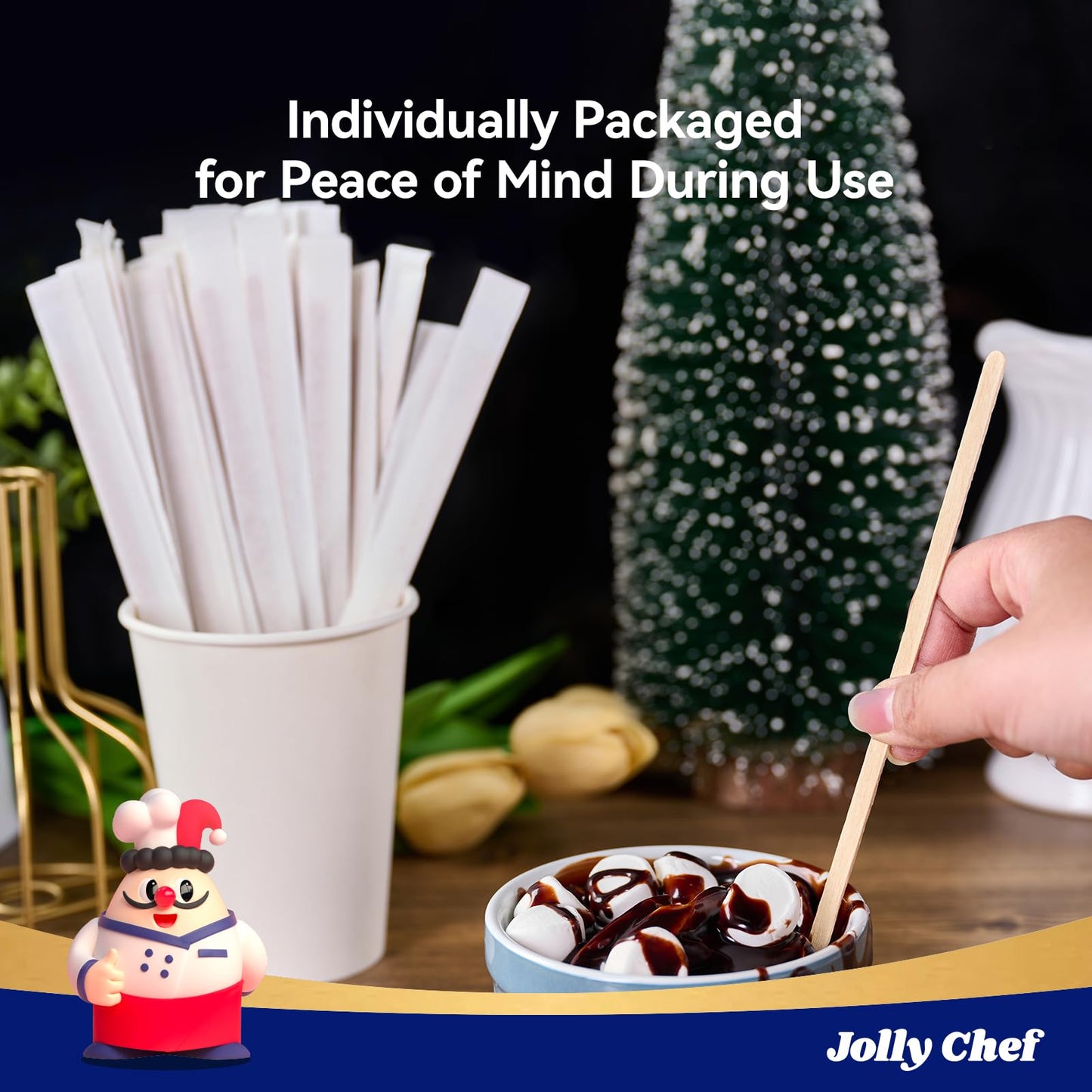 JOLLY CHEF 7 inch Wooden Coffee Stirrers 500 Count Individually Wrapped Stir Sticks Birch Stirring Sticks for Cafe, Bar