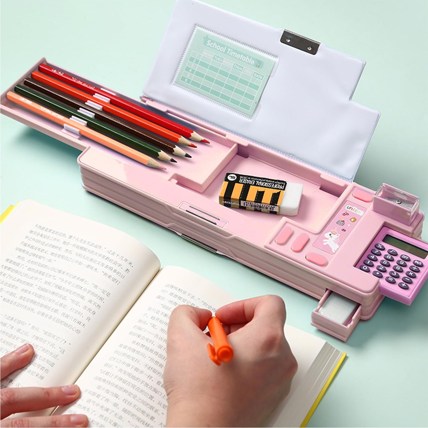 Ristpal Pop Up Multifunction Pencil Case, Cute Cartoon Pen Box Organizer Stationery with Calculators, Sharpener, Schedule, School Supplies, Best Birthday Gifts for Kids Teens (Pink)