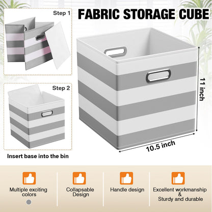 CroBlissful 6 Pcs 11 Inch Fabric Storage Cubes with Metal Handle Back to School Classroom Supplies Grey and White Striped Style Collapsible Bins Organizer for School Nursery Shelves Clothes Gift