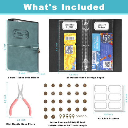 Blue PU Leather Ticket Stub Diary 3 Hole Ticket Stub Holder Album 6 x 9 Inch Ticket Stub Organizer with 40 PVC Pockets 42 DIY Stickies 26 Letter Charms for Collect Movie Concert Tickets Receipts