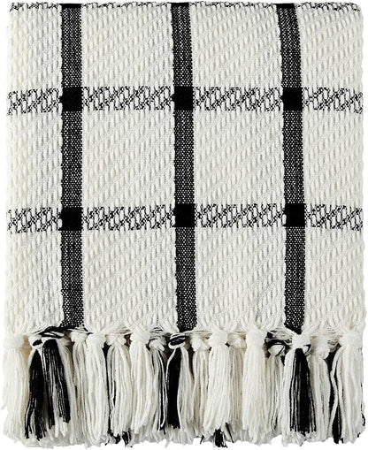 CREVENT 50"X60" Farmhouse Breathable Soft and Warm Chenille Plaid Throw Blanket for Sofa Couch Bed, Home Decoration Throw with Tassles (Black & White)