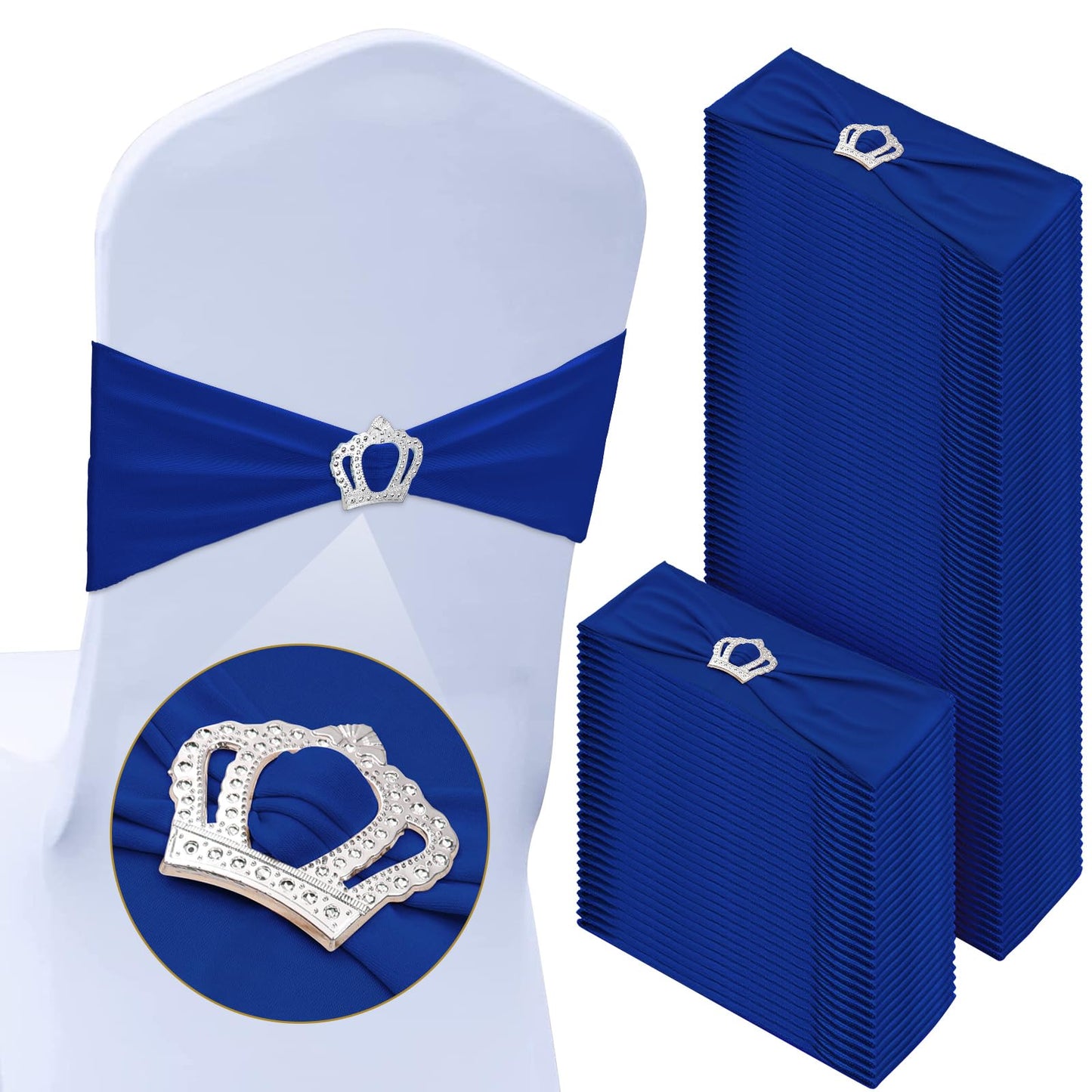 Cinnvoice 150 Pcs Spandex Chair Sashes Stretch Chair Covers with Crown Buckle Elastic Chair Bows Ties with Buckle Slider for Wedding Banquet Party Event Decoration(Royal Blue)