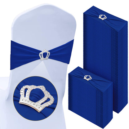 Cinnvoice 150 Pcs Spandex Chair Sashes Stretch Chair Covers with Crown Buckle Elastic Chair Bows Ties with Buckle Slider for Wedding Banquet Party Event Decoration(Royal Blue)