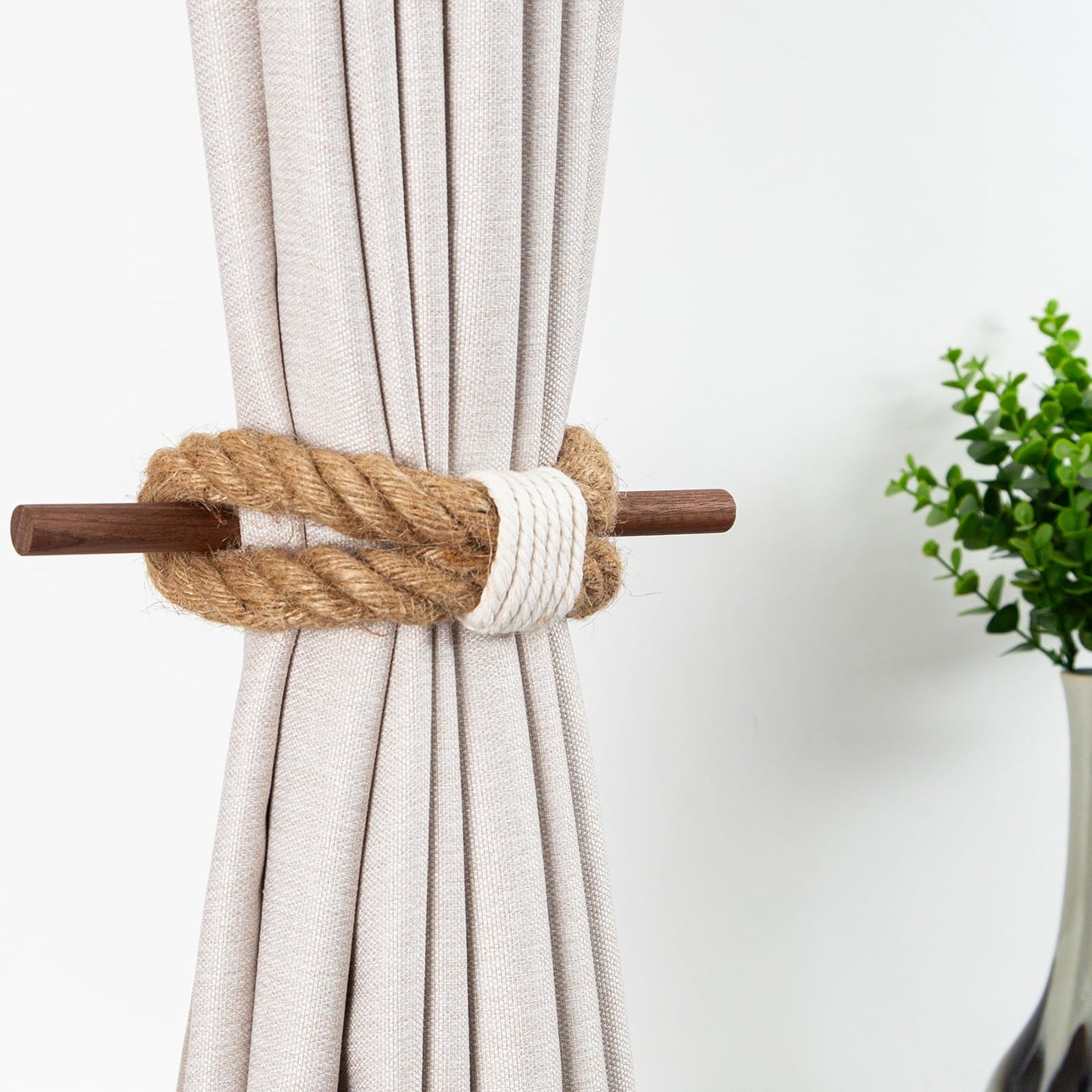 JELUTRIC Curtain Tiebacks Farmhouse Holdbacks,Nautical Boho Rustic Curtain Holders,Cotton Jute Rope with Wood Club,Wood Vintage Natural Woven Curtain Ties for Window Drapery 2Pcs