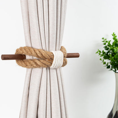JELUTRIC Curtain Tiebacks Farmhouse Holdbacks,Nautical Boho Rustic Curtain Holders,Cotton Jute Rope with Wood Club,Wood Vintage Natural Woven Curtain Ties for Window Drapery 2Pcs