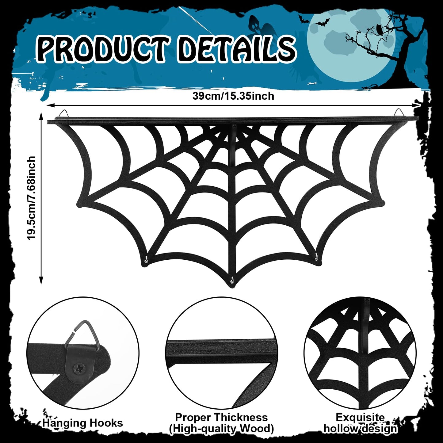 Geetery 3 Sets Gothic Spider Web Shelves, Wall Mounted Goth Shelf, Display Shelf for Crystal and Stones, Wooden Floating Shelf with Hooks for Bedroom Living Room, Halloween Witchy Hanging Decor