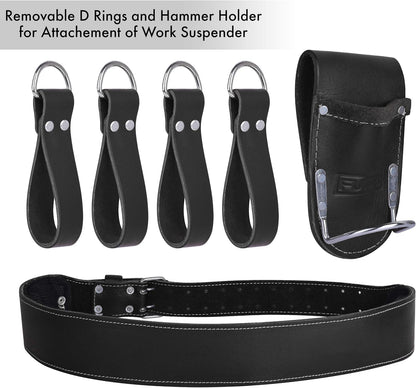 FUERI Leather Tool Belts with Suspender for Men, Heavy-Duty Durable Carpenter Tool Rig Organizer With 19 Pockets-2 Pouches, Padded Suspender, Hammer Holder, D-Loops & Foam-Padded Belt Electricians