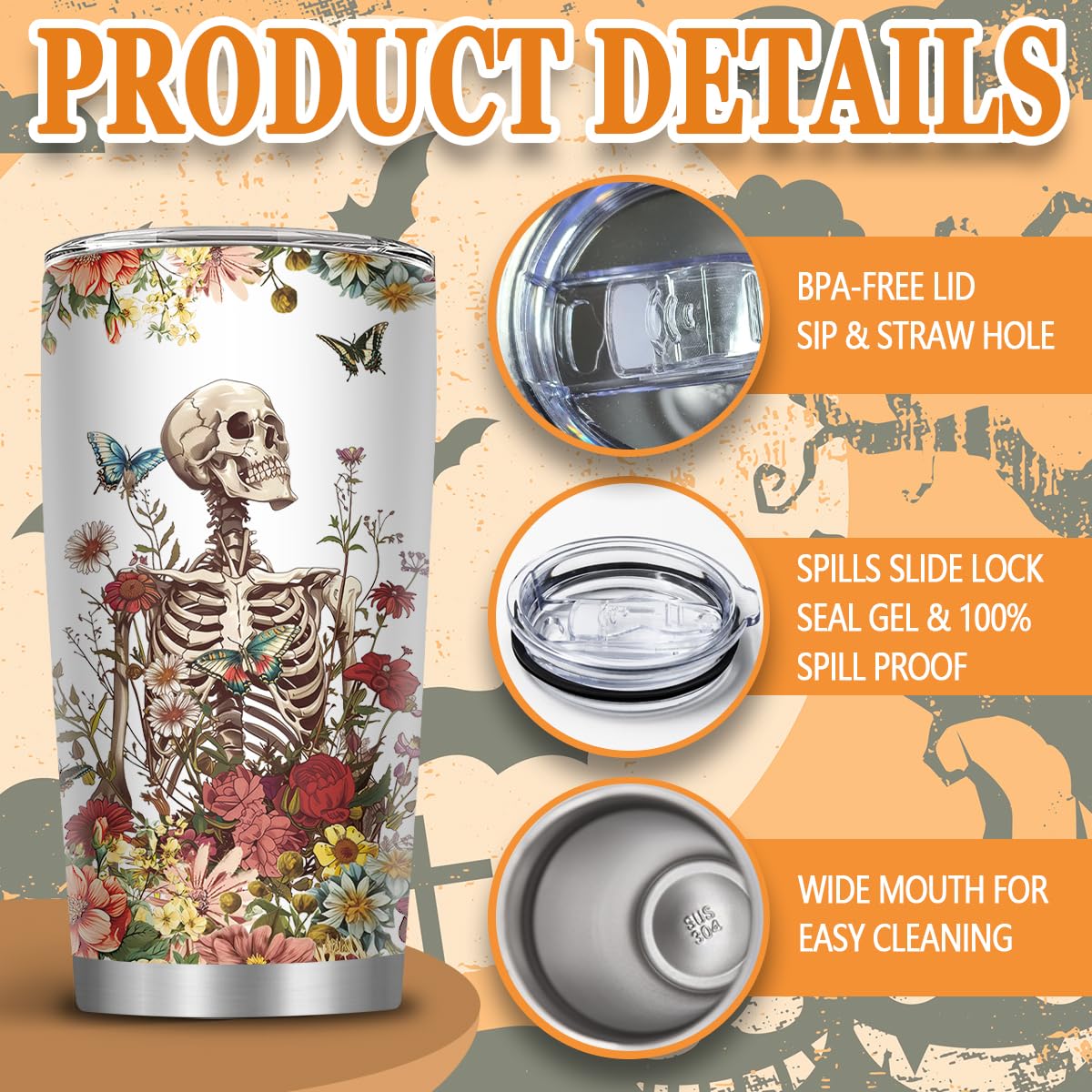 MoYueno Skull Tumbler, Horror Gifts for Skull Lover Men Women, 20 Oz Horror Wicked Spooky Flower Travel Coffee Tumbler Cup with Straw & Brush, Christmas Birthday Thanksgiving Gifts, 1 PCS